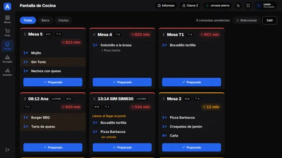 Pantalla de cocina de AvantPOS con pedidos por urgencia