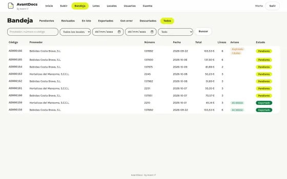 Bandeja de albaranes de AvantDocs con su estado