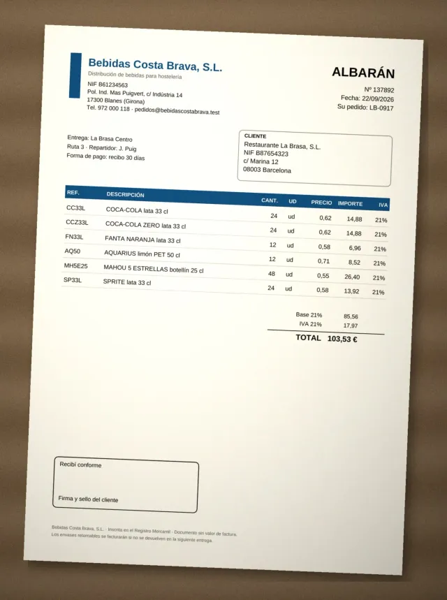 Foto de un albarán de proveedor tomada con AvantDocs